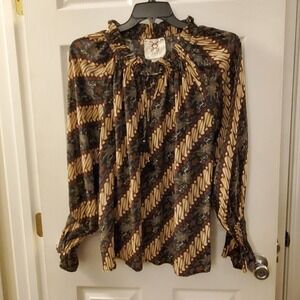 Figue Lianna Printed 100% Silk Ruffle Tassel Top sz L Boho Luxe Chic Career